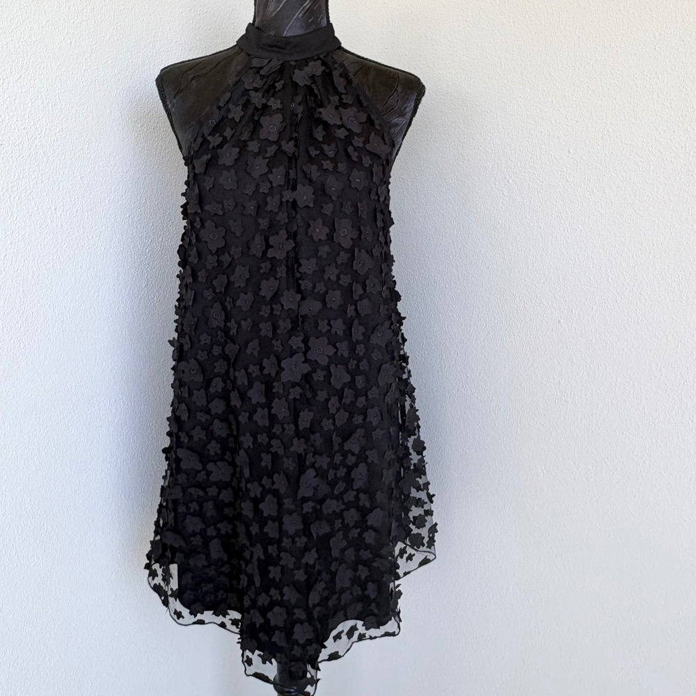 Anthropologie Eva Franco 3D Floral Applique Halter Mini Dress Womens 2 Black